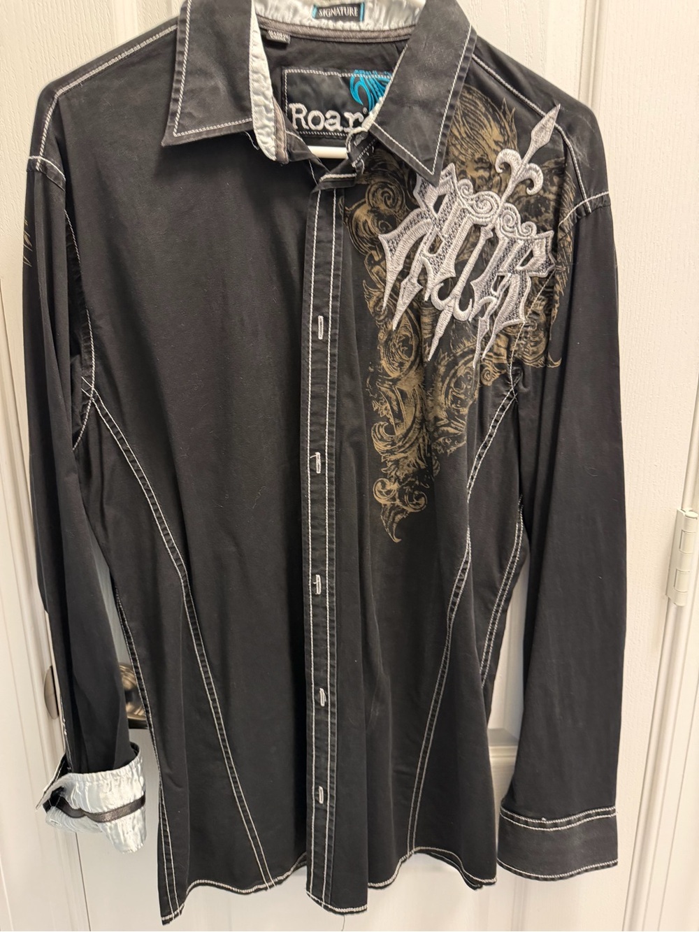 Roar Black Button-Down Shirt with Gold Ornate Chest Embroidery